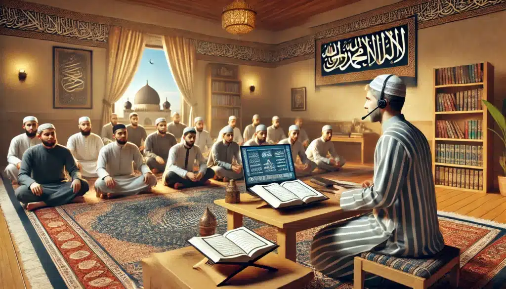 DALL·E 2024 12 11 19.10.36 A scene depicting a male teacher conducting an online Islamic studies class. The teacher is sitting at a desk with an open Quran and other Islamic boo