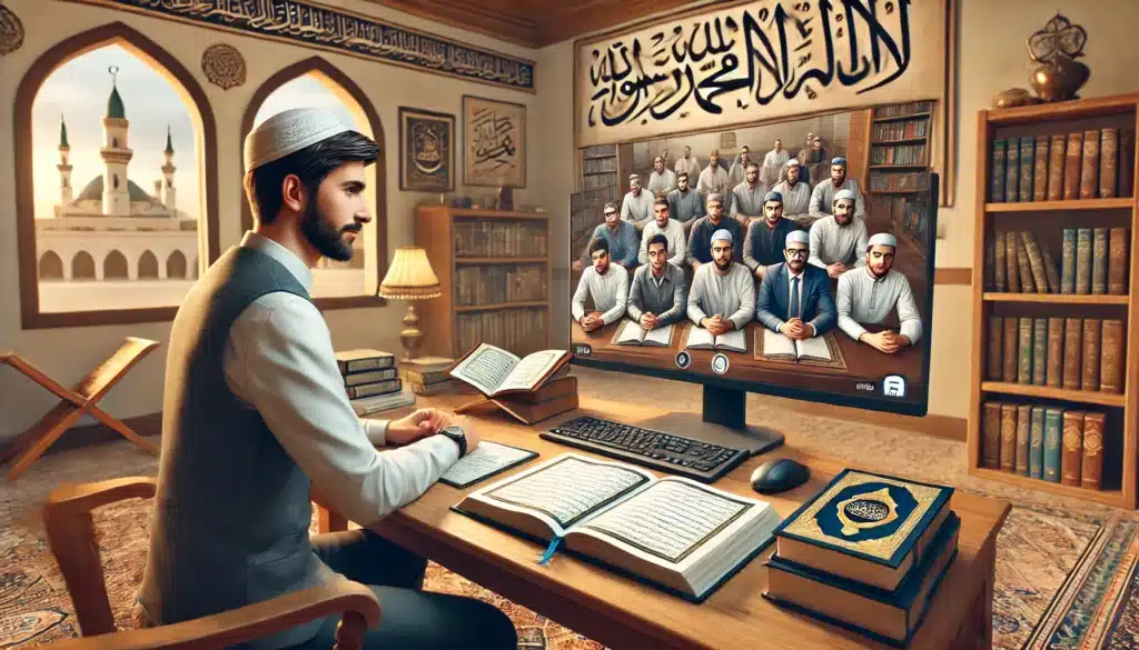 DALL·E 2024 12 11 19.10.39 A scene depicting a male teacher conducting an online Islamic studies class. The teacher is sitting at a desk with an open Quran and other Islamic boo