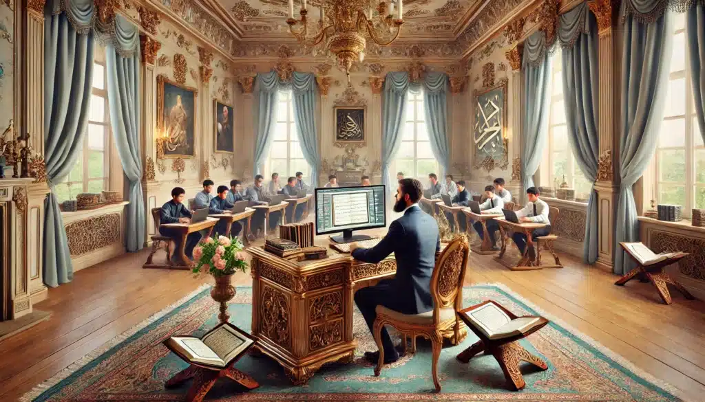 DALL·E 2024 12 11 19.44.51 A Rococo inspired scene depicting a male teacher conducting an online Islamic studies class. The teacher is seated at an ornate wooden desk with intri