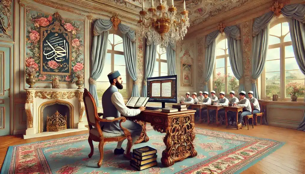 DALL·E 2024 12 11 19.44.52 A Rococo inspired scene depicting a male teacher conducting an online Islamic studies class. The teacher is seated at an ornate wooden desk with intri