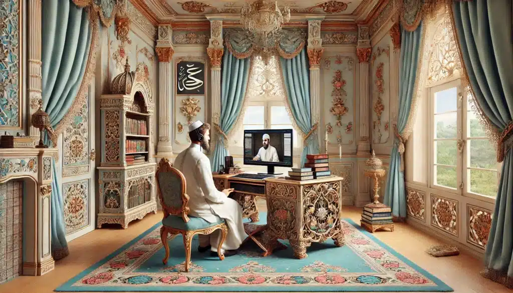 DALL·E 2024 12 11 19.51.33 A Rococo inspired scene depicting a male teacher conducting a one on one online Islamic studies class. The teacher is seated at an ornate wooden desk