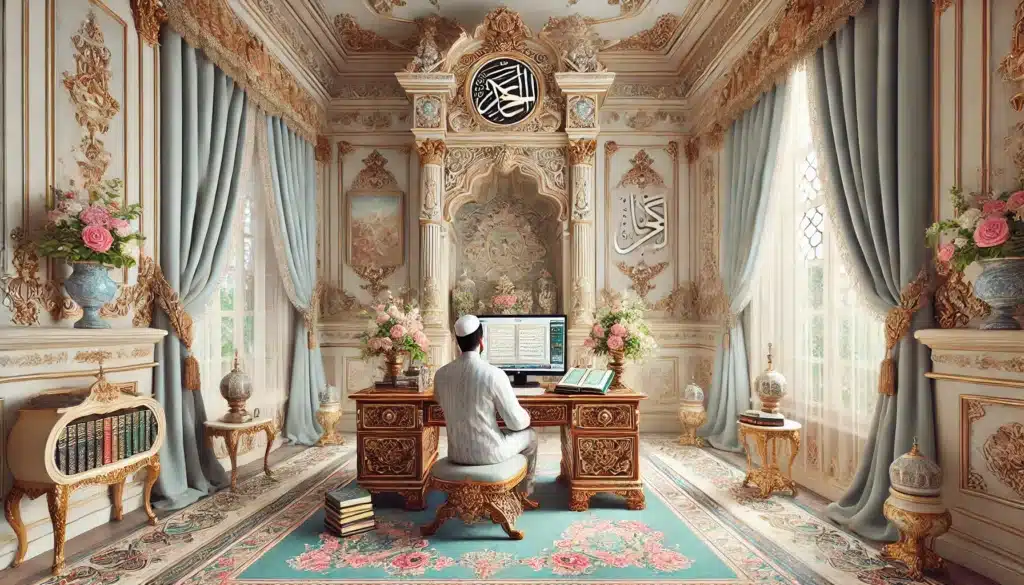 DALL·E 2024 12 11 19.51.40 A Rococo inspired scene depicting a male teacher conducting a one on one online Islamic studies class. The teacher is seated at an ornate wooden desk