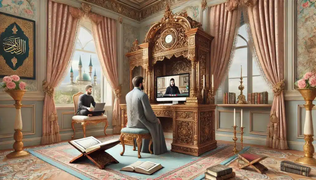 DALL·E 2024 12 18 21.07.37 A Rococo inspired scene depicting a male teacher conducting a one on one online Islamic studies class. The teacher is seated at an ornate wooden desk