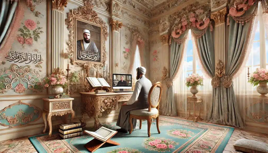 DALL·E 2024 12 18 21.07.38 A Rococo inspired scene depicting a male teacher conducting a one on one online Islamic studies class. The teacher is seated at an ornate wooden desk