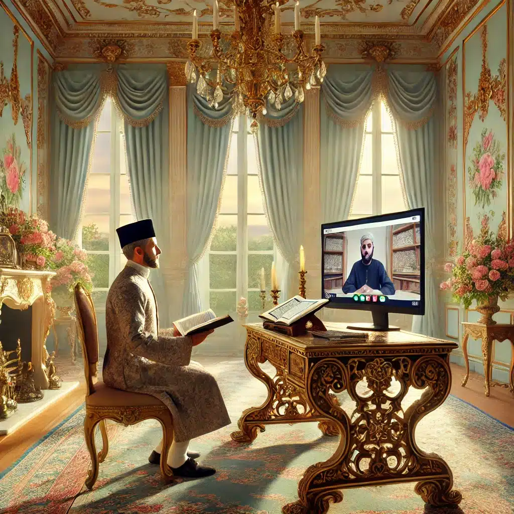 DALL·E 2025 02 04 12.53.49 A Rococo inspired scene depicting a one to one online Islamic studies session. The teacher dressed in traditional Islamic attire is seated at an orn